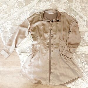 Lush Satin Long-Sleeve Button Up Dress